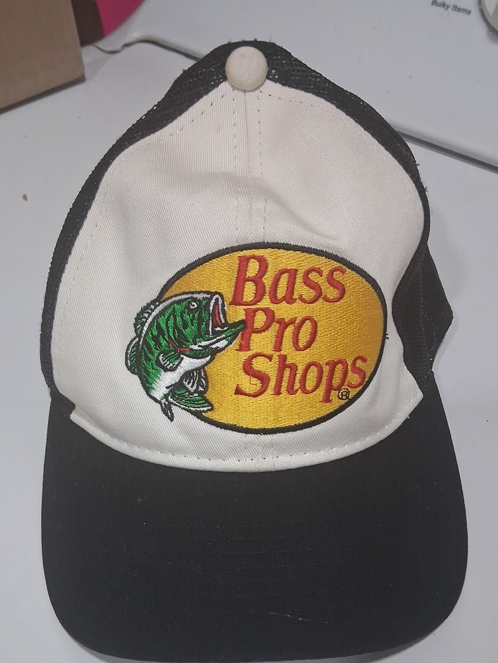 Bass Pro Shops Black, White & Yellow Logo Trucker Hat with Green Fish
